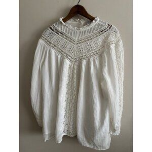 Sundance Womens Blouse Top Lace High Neck Shirt White Oversized Small Victorian